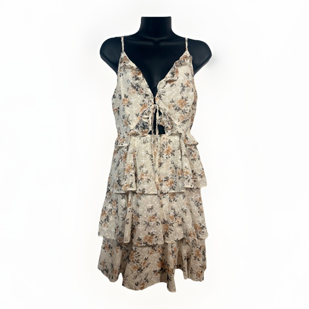 STORIA BEAUTIFUL RUFFLE V NECKLINE TIERED BOTTOM ROMANTIC MIDI DRESS SIZE M